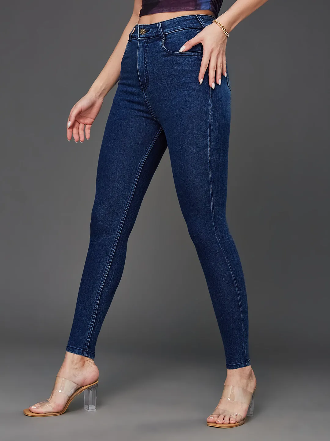 Women's Blue Skinny Fit High Rise Cropped Stretchable Denim Jeans