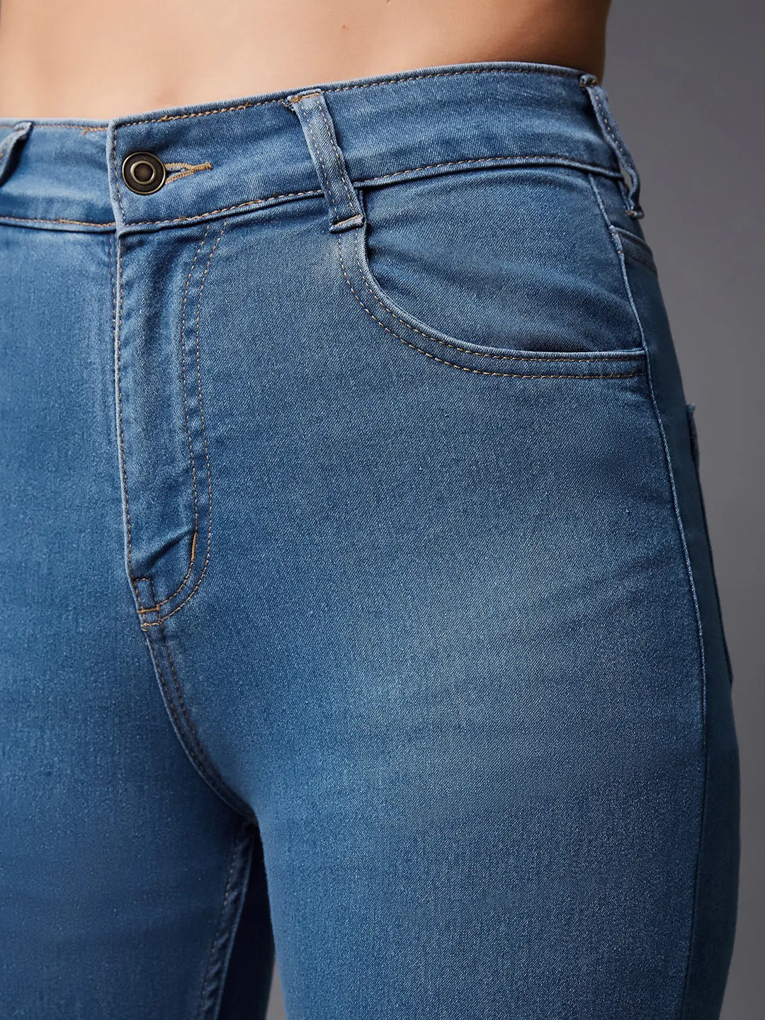 Women's Blue Solid Skinny High Rise Cropped Solid Stretchable Denim Jeans
