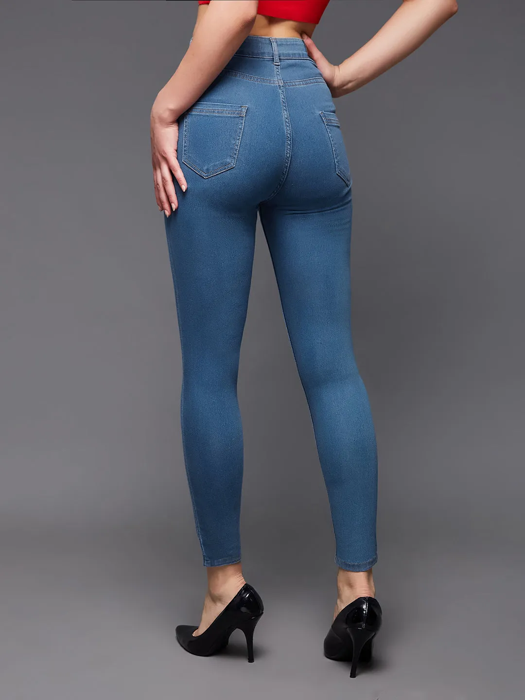 Women's Blue Solid Skinny High Rise Cropped Solid Stretchable Denim Jeans
