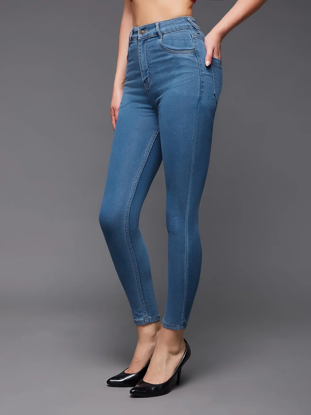 Women's Blue Solid Skinny High Rise Cropped Solid Stretchable Denim Jeans