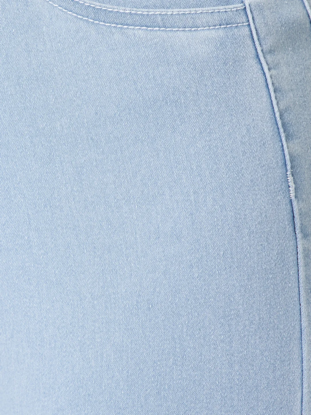 Women's Light Blue Skinny Fringed Hemline Detailing High Rise Ice Wash Clean Look Cropped Solid Stretchable Denim Jeans
