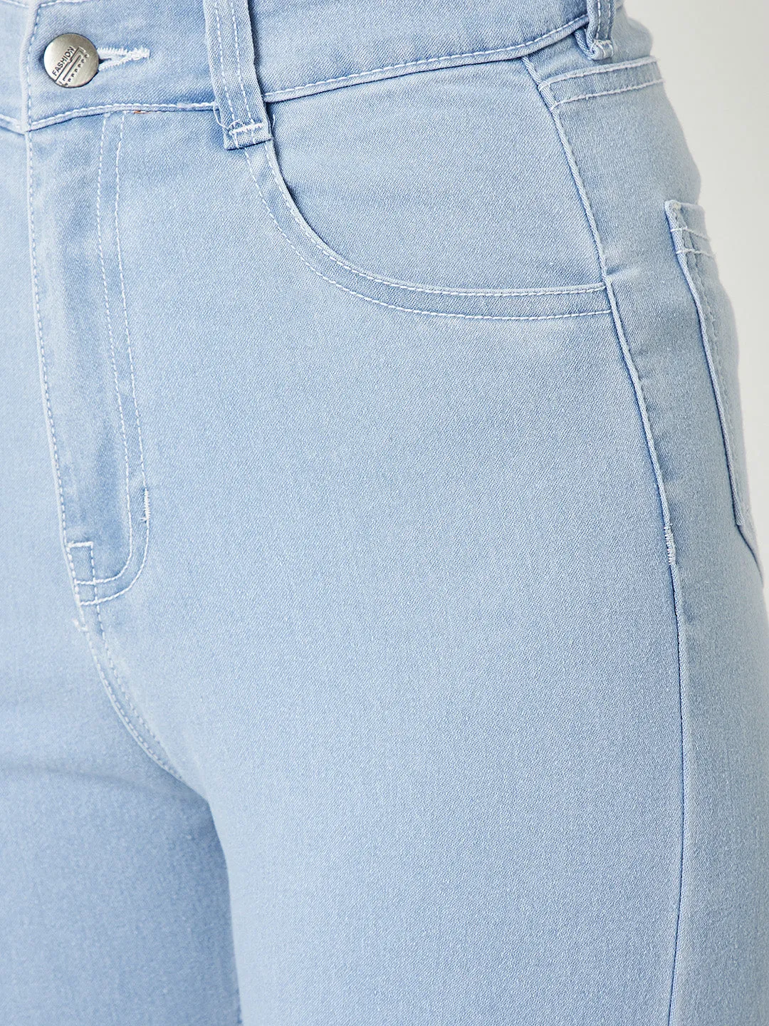 Women's Light Blue Skinny Fringed Hemline Detailing High Rise Ice Wash Clean Look Cropped Solid Stretchable Denim Jeans