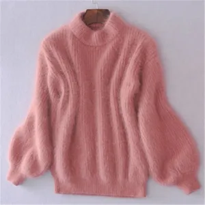 Women's Pink Loose Oversized Cashmere Turtleneck Jumper in Solid Colour | Ideal for Autumn/Winter